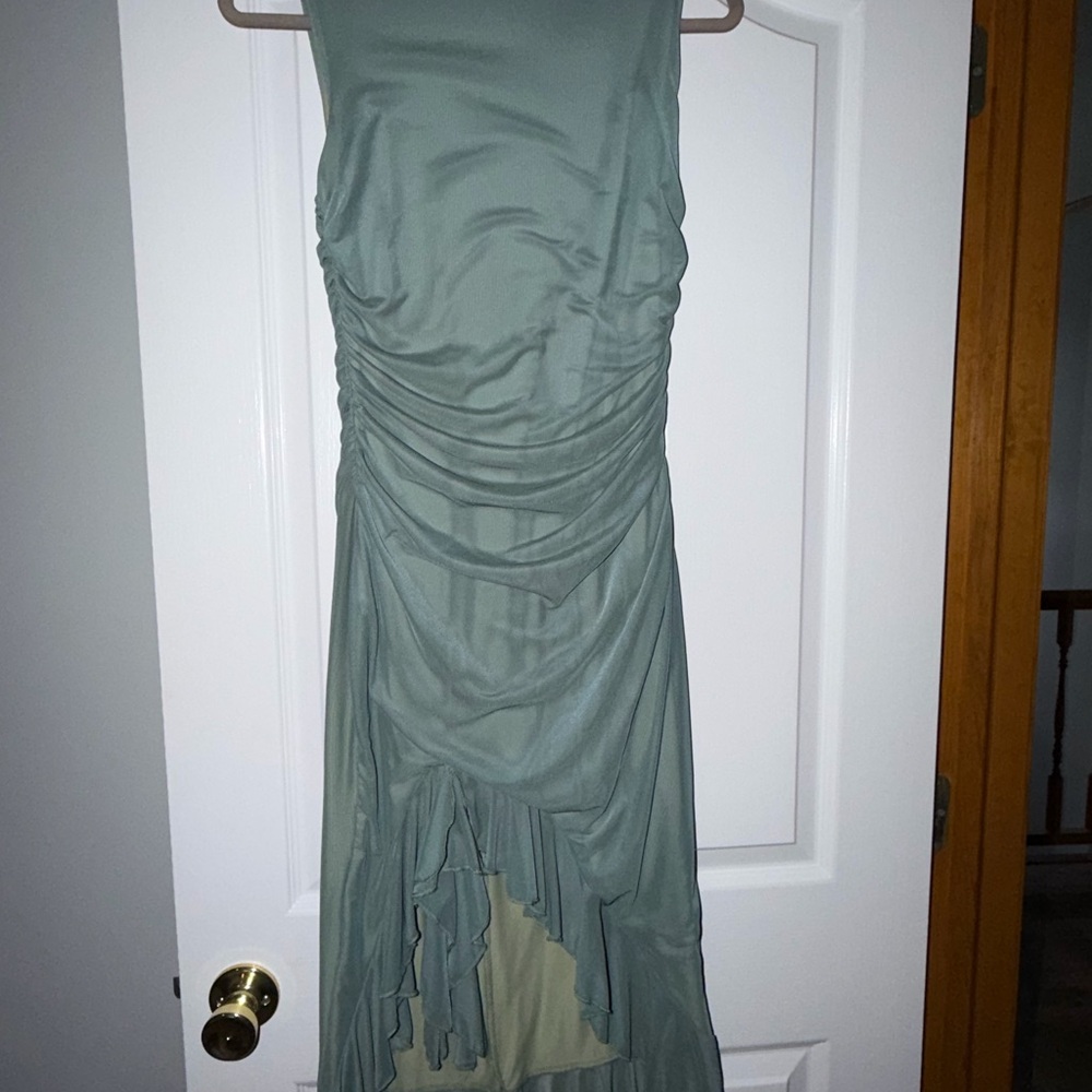 Green Midi Ruched Ruffle Dress